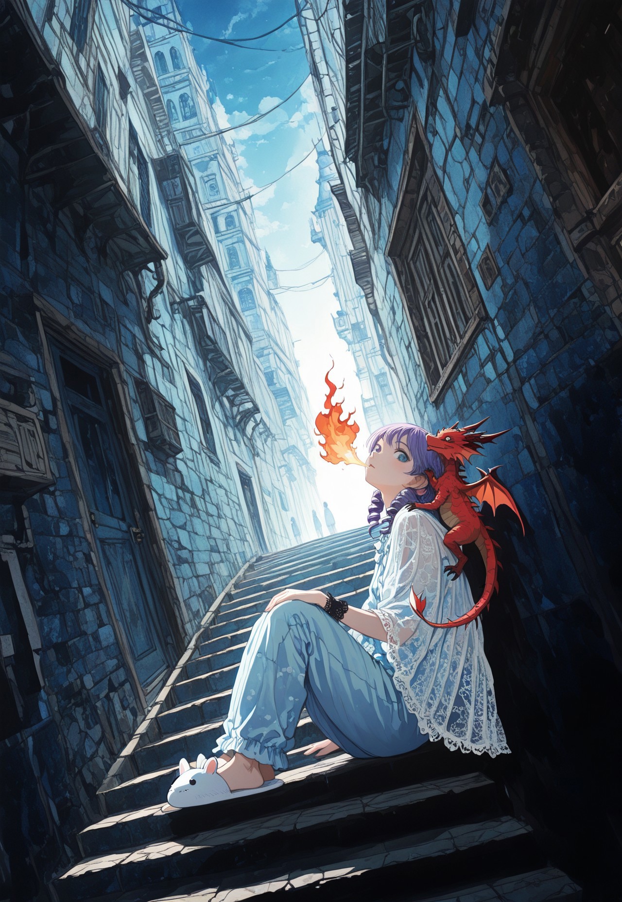 masterpiece, best quality, amazing quality, very aesthetic, absurdres, newest, 8k, nistyle, Studio Ghibli Dark Fairytale,
BREAK,
1girl, purple hair, lace ringlets, lace shawl, lace wrist cuffs, sitting, pajama bottoms, legs together, animal slippers, backlighting, tiny red dragon on shoulder, cute red dragon, face focus, closeup, legs spread, looking at viewer, head back, breathing fire,
BREAK,
stairs, stoop, outdoors, alley, door, blue theme, background city, glowing sky, modern fantasy art, dramatic, daylight, well lit, dynamic angle, detailed background, dramatic lighting, depth of field, volumetric lighting