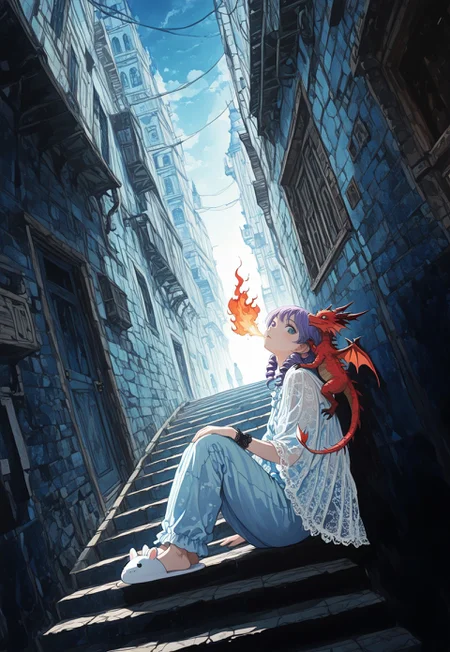 masterpiece, best quality, amazing quality, very aesthetic, absurdres, newest, 8k, nistyle, Studio Ghibli Dark Fairytale,
BREAK,
1girl, purple hair, lace ringlets, lace shawl, lace wrist cuffs, sitting, pajama bottoms, legs together, animal slippers, backlighting, tiny red dragon on shoulder, cute red dragon, face focus, closeup, legs spread, looking at viewer, head back, breathing fire,
BREAK,
stairs, stoop, outdoors, alley, door, blue theme, background city, glowing sky, modern fantasy art, dramatic, daylight, well lit, dynamic angle, detailed background, dramatic lighting, depth of field, volumetric lighting