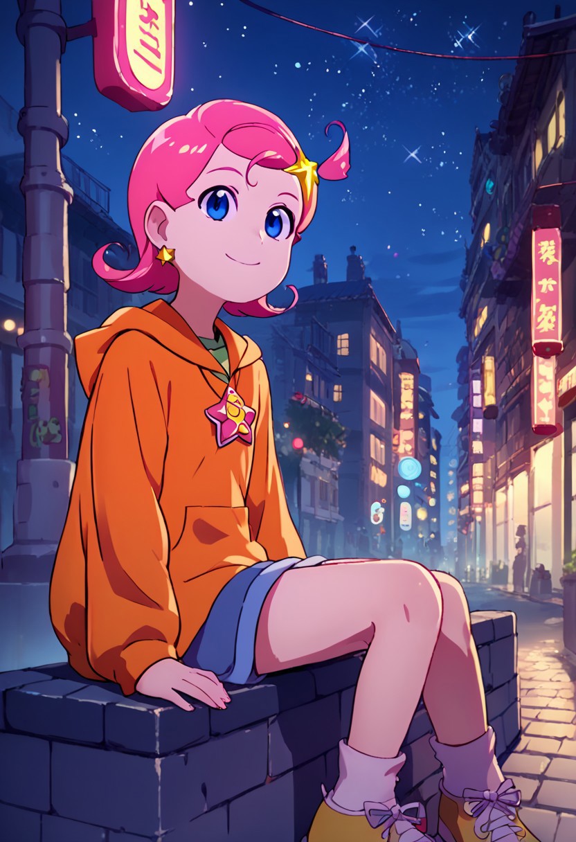 score_9, score_8_up, score_7_up,source_anime,japan street view, city view,komettosan, female, head star accessory, pink hair, short hair, blue eyes, pendant, orange hoodie, miniskirt,smile,sitting,shoes,night, star,