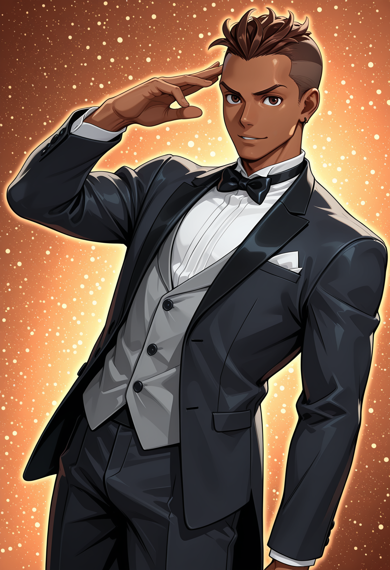 masterpiece, best quality, amazing quality, dutch angle, dynamic angle, abstract background, BREAK
1boy, solo, male, sf_sean, dark skin, brown hair, brown eyes, tuxedo, formal, bow tie, BREAK
<lora:cfg_scale_boost:.6>,  <lora:Sean_Matsuda_-_Street_Fighter_-_ILXL:1>