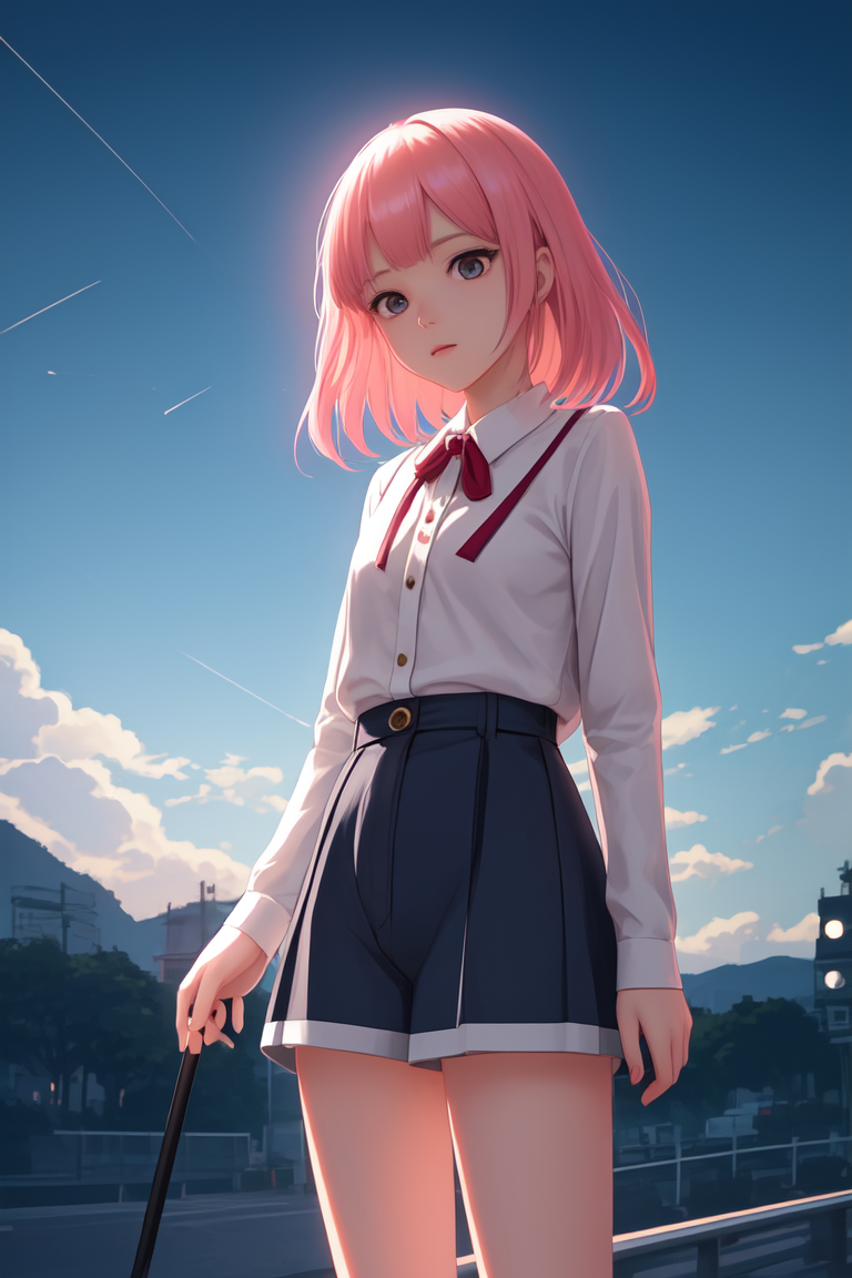 1girl,  close-up,  ilya kuvshinov illustration of a cute young girl with pink hair and bangs in her hair, yellow blouse, blue short shorts, by makoto shinkai, ilya kuvshinov, james gilleard, atey ghailan, lois van baarle, rossdraws, basquiat, sam yang. trending on artstation, pixiv, digital art, anime masterpiece, dynamic lighting, beautiful aesthetic, 4k, award winning, hd,  <lora:Mild detail adjusterV10:0.2>, <lora:lcm-lora-sdv1-5:0.7>