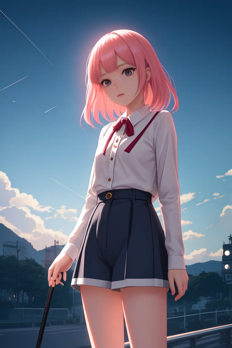 1girl, close-up, ilya kuvshinov illustration of a cute young girl with pink hair and bangs in her hair, yellow blouse, blue short shorts, by makoto shinkai, ilya kuvshinov, james gilleard, atey ghailan, lois van baarle, rossdraws, basquiat, sam yang. trending on artstation, pixiv, digital art, anime masterpiece, dynamic lighting, beautiful aesthetic, 4k, award winning, hd, <lora:Mild detail adjusterV10:0.2>, <lora:lcm-lora-sdv1-5:0.7>