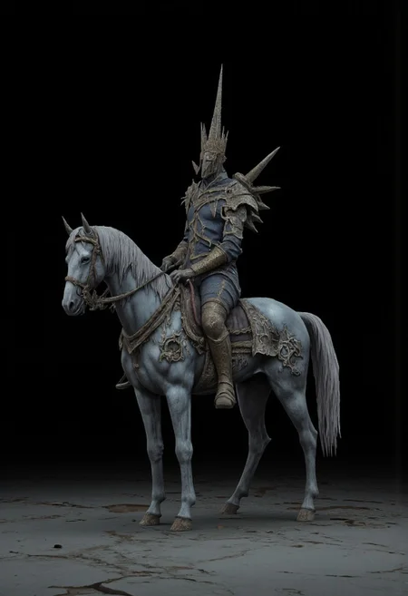 decayed non human Obscure medieval military armored rotting postulant horse without a rider
Standing on a flat ground
Set against a solid dark black color background to emphasize its unsettling unnatural form that emphasizes its silhouette. The medium is not a traditional painting or illustrative medium like watercolor or ink but rather a digital 3D rendering.
MikeFranchinastyle, bbstyle,, horror theme,, ZBClay model of a gray sculpture, zbrush, d4arks0uls, overcast lighting