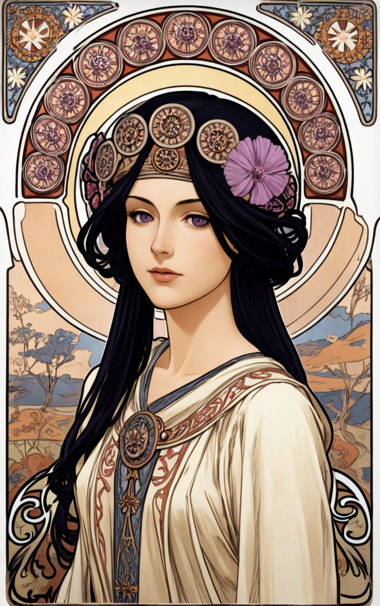 <lora:Mucha:1> mucha, art nouveau,
black and red,
purple eyes, black hair, 1girl,