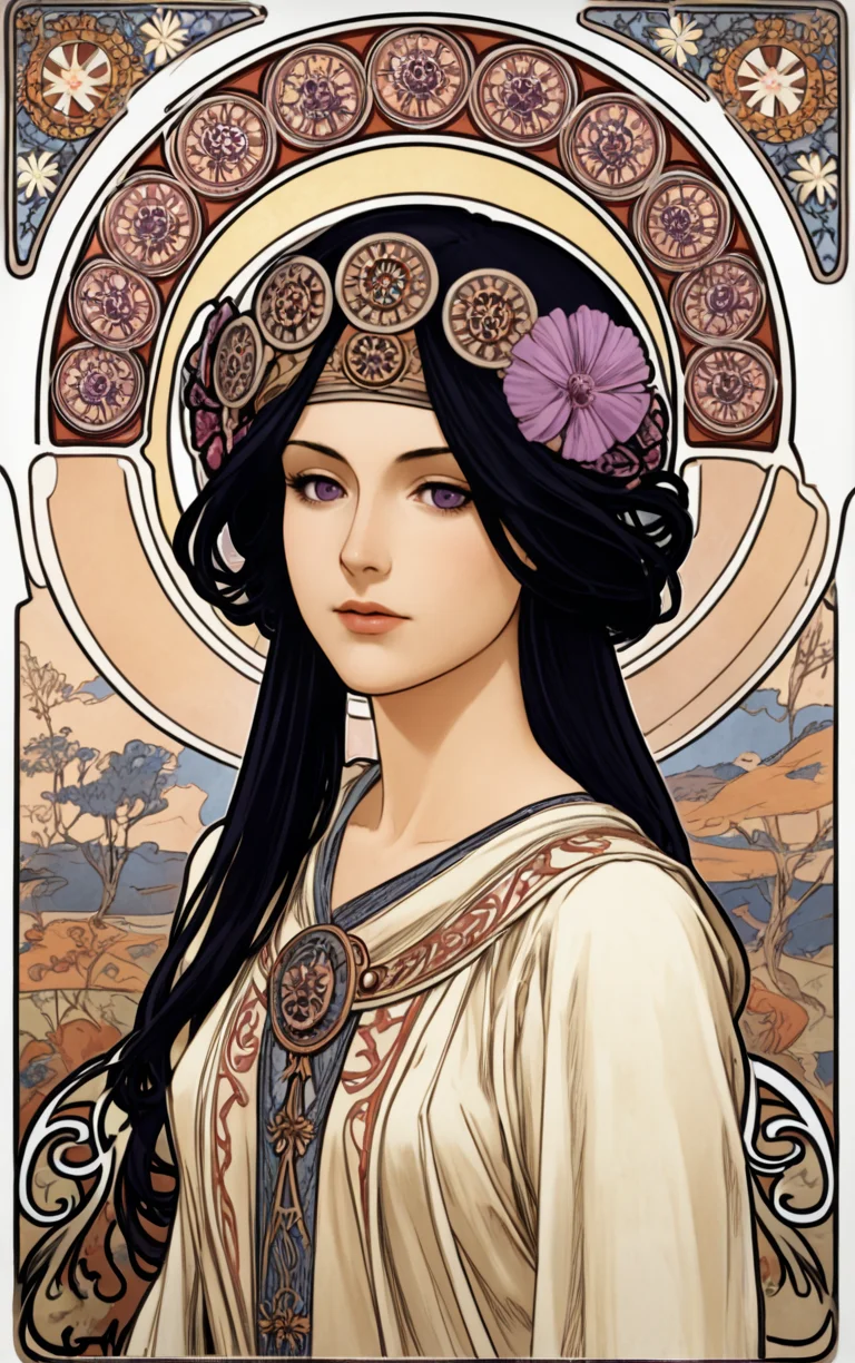 <lora:Mucha:1> mucha, art nouveau,
black and red,
purple eyes, black hair, 1girl,
