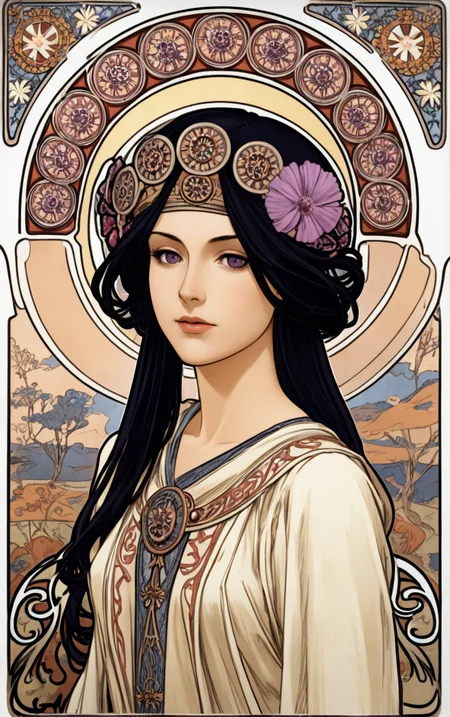 <lora:Mucha:1> mucha, art nouveau,
black and red,
purple eyes, black hair, 1girl,