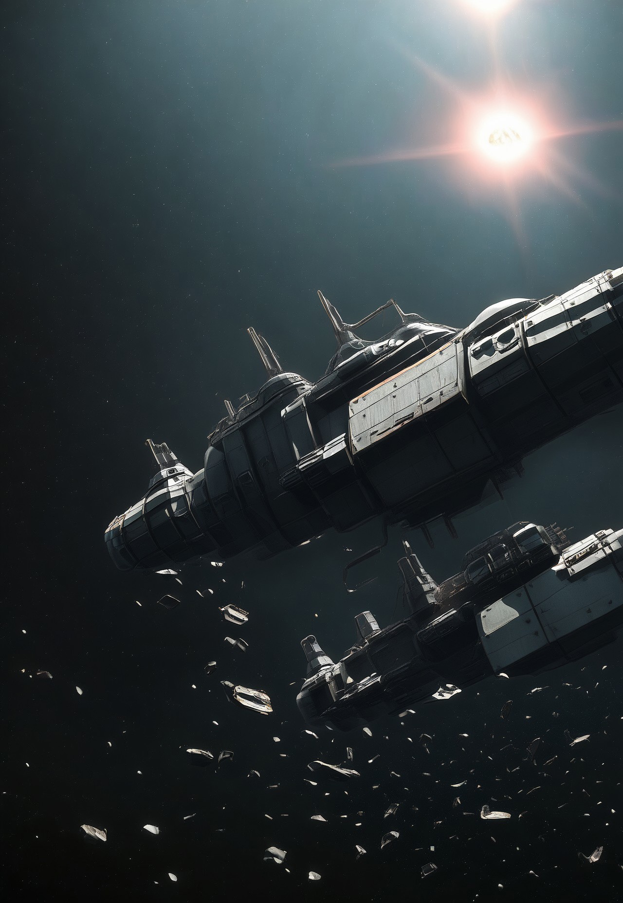 spaceship, flying, debris