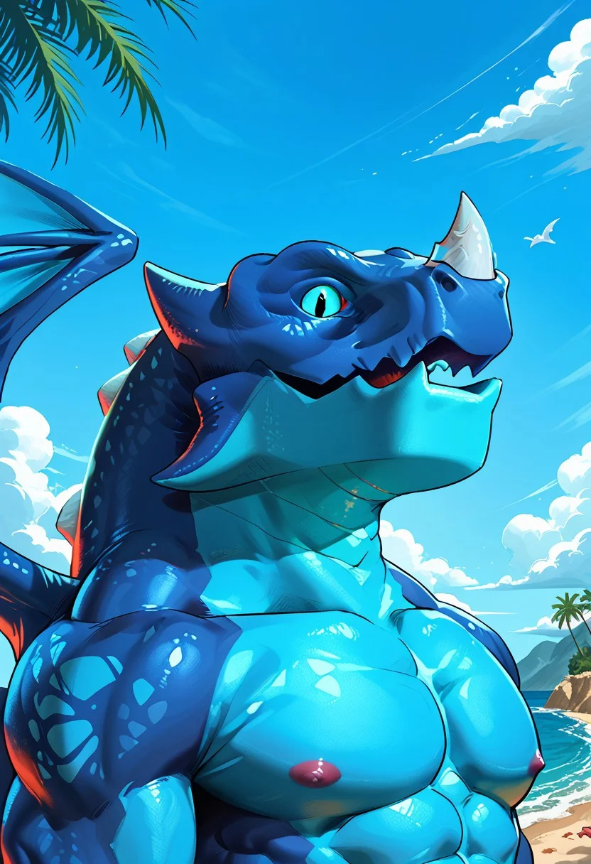 score_9, score_8_up, score_7_up,source_furry, furry , muscular male, dragon , masterpiece, high quality, best quality, rating_safe,BREAK,no humans,colored sclera, (from side:0.5), claws, beach, electro dragon, nose horn, blue sky, sea, sand, tree, blue body, wings, (wings out of frame), (upper body:1.3) , (closed mouth), abs, large pectorals, looking at viewer,bara, detailed eyes, slit eyes,