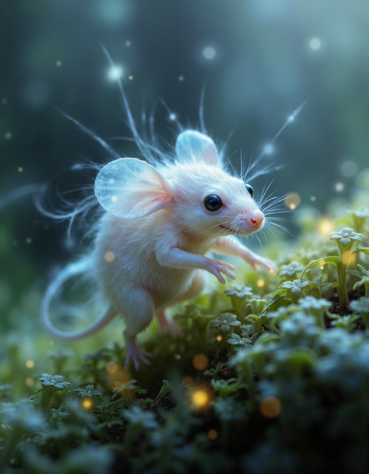 zavy-ghst, Extreme macro close-up shot capturing a tiny translucent mouse ghost with delicate wisps and a shimmering aura, gently floating above a luminous patch of bioluminescent moss, nestled within an enchanted forest filled with surreal flora and ethereal lights, shot in whimsical fairy tale style, featuring a vivid palette of iridescent whites and soft pastel greens.