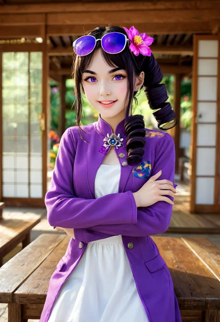 1girl, solo, yorigami jo'on, (drill hair:1.2), (eyewear on head:1.3), (jewelry:1.3), (white dress:1.4), (purple jacket:1.5), (facing camera:0.8), (slightly open mouth:0.1), natural pose, (light entering from left:1.5), (Japanese-style temple:1.5), (sliding doors:1.4), (vibrant flower garden:1.2), (blurred temples in background:0.8), (character's left shoulder closer:1.3), (thick paint style:1.4), (facing down shyly:1.1), (blushing:0.7), (jewelry:1.3), (white dress:1.4), (purple jacket:1.1), (facing camera:1.5), (shy smile:0.2), (nervous smile:0.7), (head tilted clockwise:1.3), (shoulders slightly hunched:1.2), (sliding doors:1.4), (vibrant flower garden:1.2), (blurred temples in background:0.8), (arms resting on table:1.5), (hands resting firmly on table:1.2), (arms on table:1.6), (no hand movement:1.3), (crossed arms on table:1.6), (thick paint style:1.4), (head slightly tilted:1.3), (furrowed brows:1.7), (mouth slightly open with smile:0.4), (embarrassed:1.5)(looking at the camera:1.6), (playful yet uncomfortable expression:1.2), (slight shoulder shrug:1.3), body leaning slightly forward, soft sunlight shining in from the left, temple room with sliding doors half-open, colorful flowers outside, other distant Japanese buildings blurred, (morning light:0.8), (bright:0.6), warm lighting, anime style highly detailed shadows, warm atmosphere, anime art style, sunlight on face, soft glow. <lora:char-joon:1>