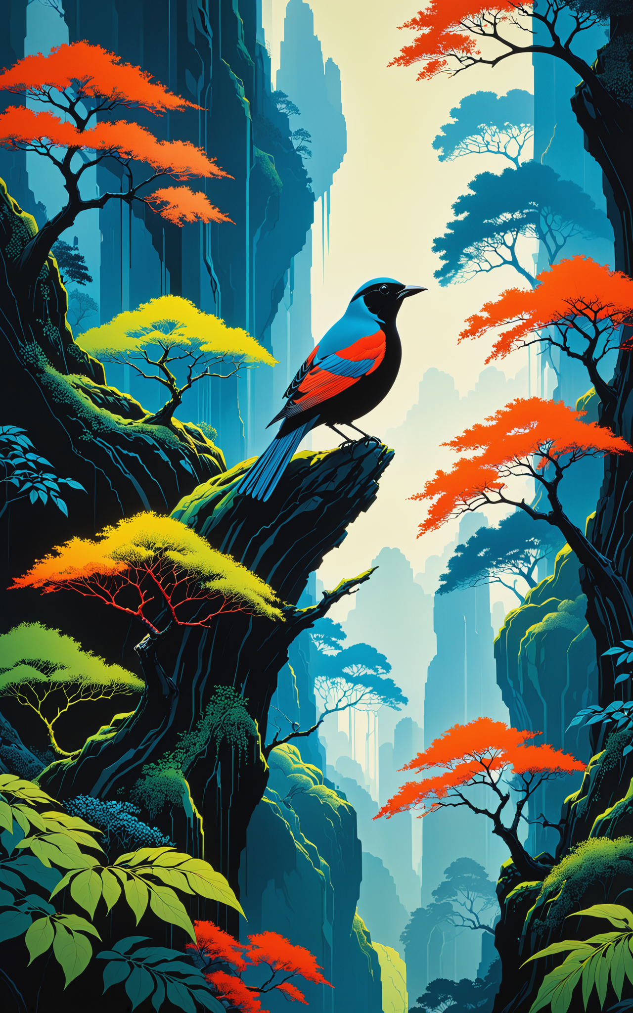 Eyvind Earle . birds (1968) Serigraph on paper, ultra hd, realistic, vivid colors, highly detailed, UHD drawing, pen and ink, perfect composition, beautiful detailed intricate insanely detailed octane render trending on artstation, 8k artistic photography, photorealistic concept art, soft natural volumetric cinematic perfect light<lora:xl_more_art-full_v1:0.4>