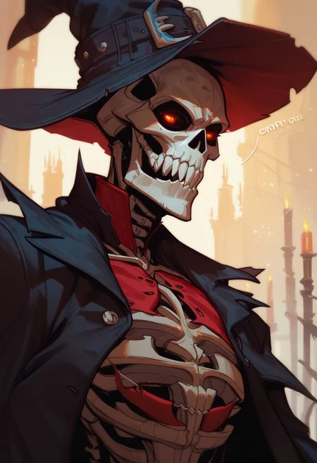 score_9, score_8_up, score_8, score_7_up, score_7, score_6_up, score_6, score_5_up, Score_5, skeleton, exposed bone, litch, witch hat, tattered robes, magical effects, vox machine style, solo, portrait, crypt background, fantasy, (dynamic lighting:1.1)
((masterpiece))