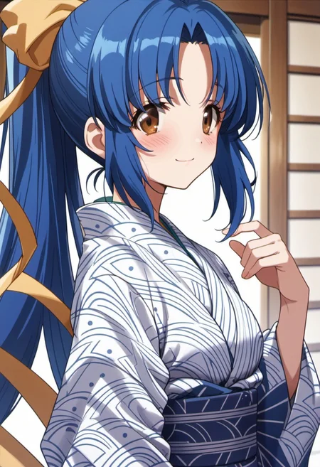 score_9, score_8_up, score_7_up, source_anime,  shimizu sayaka, long hair, blue hair, brown eyes, 1girl, solo, ponytail, japanese clothes, kimono, yukata, ribbon, blush, hair ribbon, smile