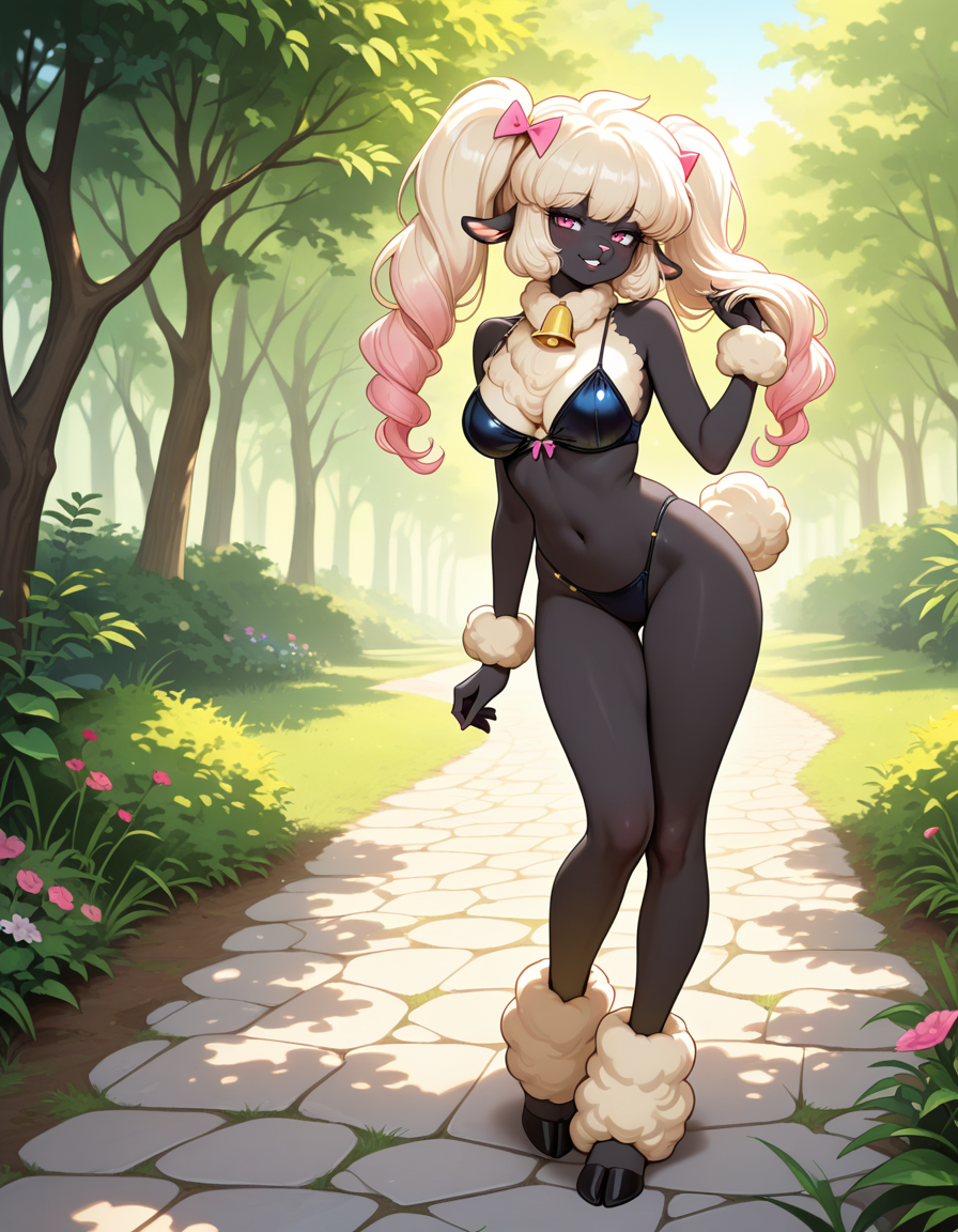 masterpiece, best quality, very aesthetic, absurdres,
outdoors,
full body, standing, posing,
seductive smile, parted lips, long eyelashes,
<lora:PoodleSheep_v01_NAIXL:1> P00dl3Sh33p,1girl, solo, furry, furry female, animal ears, long hair, bangs, hair bow, sheep ears, pink eyes, animal nose, neck bell, black skin, body fur, white fur, poodle tail, hooves,
