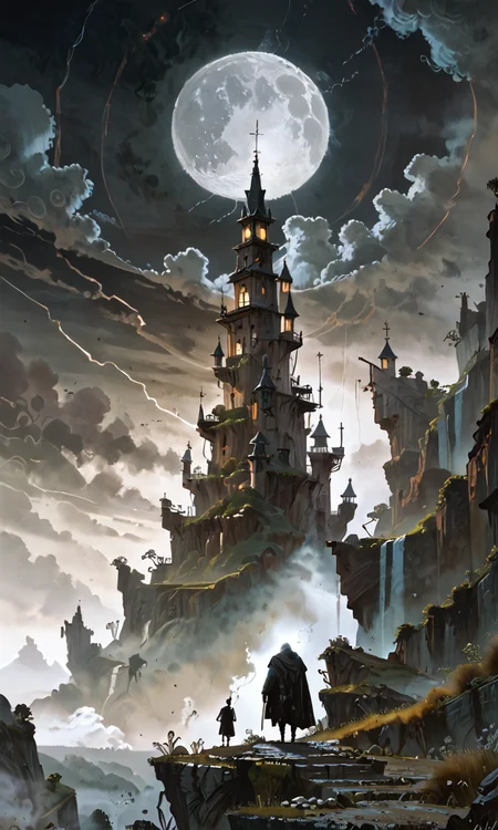 A moody, atmospheric painting in the style of Caspar David Friedrich, depicting a solitary figure standing on a cliff, overlooking a dark, foggy valley. The moon casts a silvery light, revealing a distant village with flickering lights. The figure, cloaked and hooded, seems to be contemplating the mysteries of the night
<lora:detailxl:1> <lora:Fant5yPony:1>   <lora:incase_style_v3-1_ponyxl_ilff:1>
