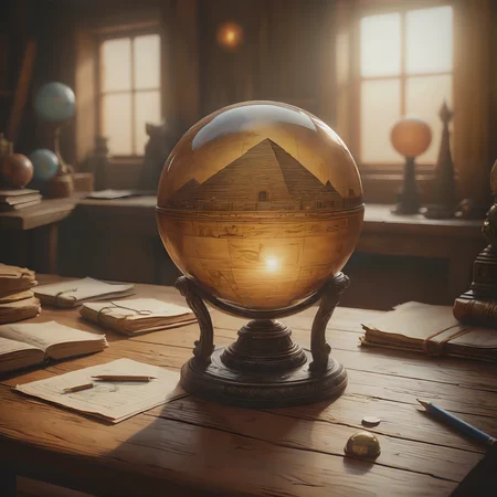 A mysterious orb sits on a wooden table. A wizards workroom. Within the orb are visions of ancient Egypt.

<lora:PencilDrawEn01_CE_SDXL:0.6>
