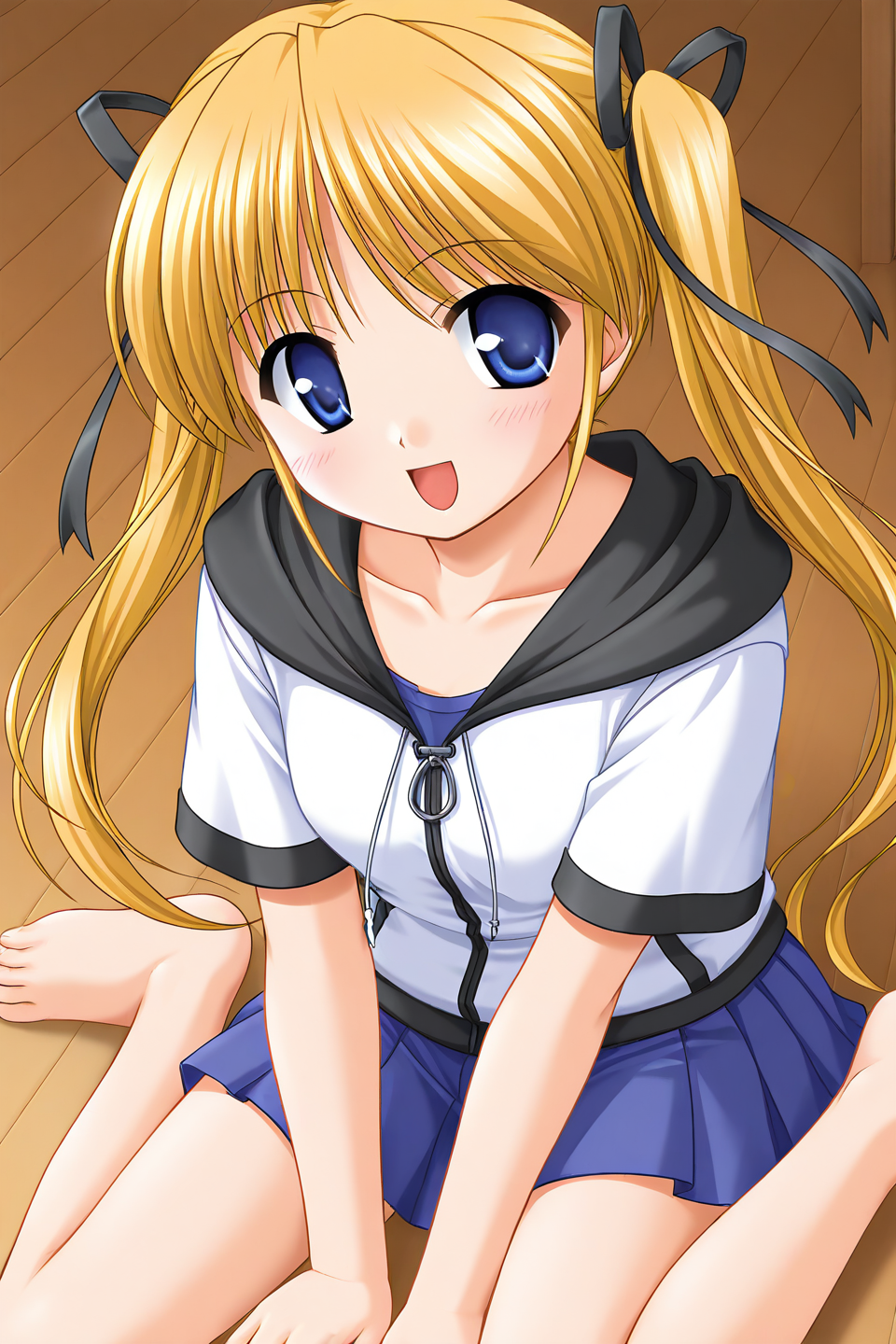 masterpiece, best quality, absurdres, official art, official style, rating generael BREAK <lora:shibugakimatsuri_IL_v1-3:0.7>, shibugaki matsuri, 1girl, solo, blonde hair, blue eyes, very long hair, bangs, twintails, hair ribbon, black ribbon, small breasts BREAK flat chest, summer clothes, casual, white jacket, hooded jacket, black hood, hood down, pocket, zipper, short sleeves, blue shirt, blue skirt, miniskirt, pleated skirt, blush, open mouth, smile, looking at viewer, cowboy shot, collarbone, wariza, barefoot, on floor