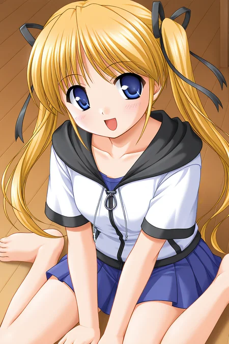 masterpiece, best quality, absurdres, official art, official style, rating generael BREAK <lora:shibugakimatsuri_IL_v1-3:0.7>, shibugaki matsuri, 1girl, solo, blonde hair, blue eyes, very long hair, bangs, twintails, hair ribbon, black ribbon, small breasts BREAK flat chest, summer clothes, casual, white jacket, hooded jacket, black hood, hood down, pocket, zipper, short sleeves, blue shirt, blue skirt, miniskirt, pleated skirt, blush, open mouth, smile, looking at viewer, cowboy shot, collarbone, wariza, barefoot, on floor