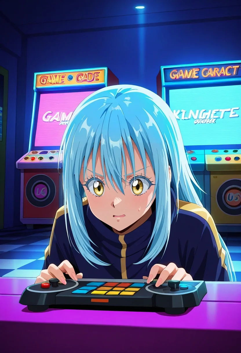 masterpiece, best quality, intricate details, (photorealistic:0.6), , , 1girl, solo, <lora:rimuru_tempest_ilxl:0.98>, rimuru_tempest, blue hair, yellow eyes, long hair, bangs, hair between eyes, , retro arcade, neon lights, game cabinets, checkered floor, playing games, competitive expression, night, leprechaun costume|knight costume
