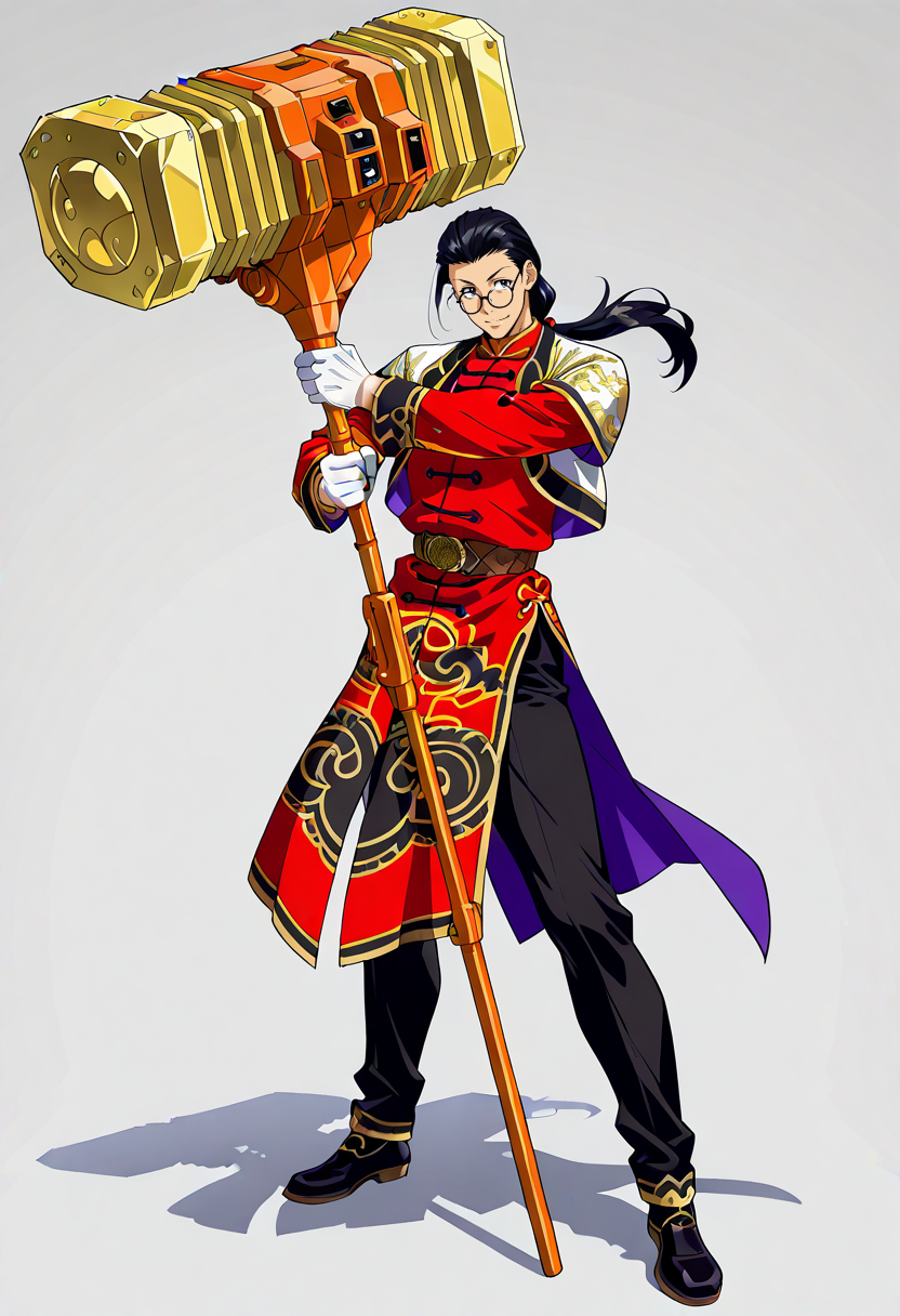 masterpiece,best quality,amazing quality,very aesthetic,absurdres,newest, gorudionhammer, silver hammer, holding hammer, huge weapon, silver grey background, 1boy, solo, rwongpsytkt, black hair, low ponytail, closed eyes, glasses, round eyewear, open jacket, red chinese clothes, long sleeves, whitegloves, belt, black pants, shoes, evil smile, smirk, standing, full body,