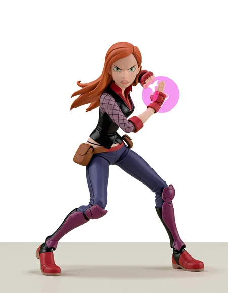 full body, solo, perfect composition, shadows, shading, <lora:Figure:1> figure, very aesthetic, absurdres, zPDXL, <lora:Pony_DetailV2.0:0.5> <lora:illustrious_quality_modifiers_masterpieces_v1:1>
<lora:g73n10af:1> g73n10af, 1girl, green eyes, long hair, orange hair, female focus, looking at viewer, serious, fierce expression, defined lips, posing, fighting pose, bent knees, magic, glowing hands, purple glow,
shpdn_outfit, black vest, purple armor piece, pouch, gloves, fingerless gloves, fishnets, shin guards, boots
(white background:1.2),