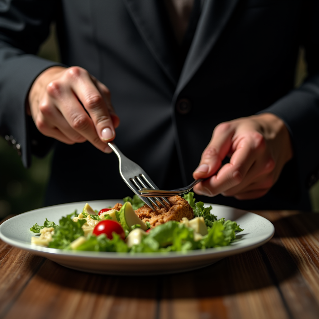 <lora:Hand v2:1>
detailed edges, detailed image, perfection style, A cinematic detailed image of a man in a suit eating a salad with a fork, movie themed, sharp, detailed background, epic cinematic photography, artistic style, dramatic light style, cinematic color style, Kodak 35mm film style, detailed style, hand focus style, holding, food, table, knife, plate, realistic, spoon, fork, holding fork, food focus, vegetable, 1boy, fingernails, out of frame, photorealistic