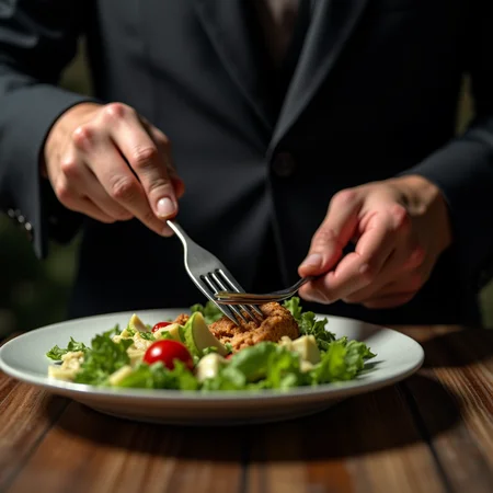 <lora:Hand v2:1>
detailed edges, detailed image, perfection style, A cinematic detailed image of a man in a suit eating a salad with a fork, movie themed, sharp, detailed background, epic cinematic photography, artistic style, dramatic light style, cinematic color style, Kodak 35mm film style, detailed style, hand focus style, holding, food, table, knife, plate, realistic, spoon, fork, holding fork, food focus, vegetable, 1boy, fingernails, out of frame, photorealistic