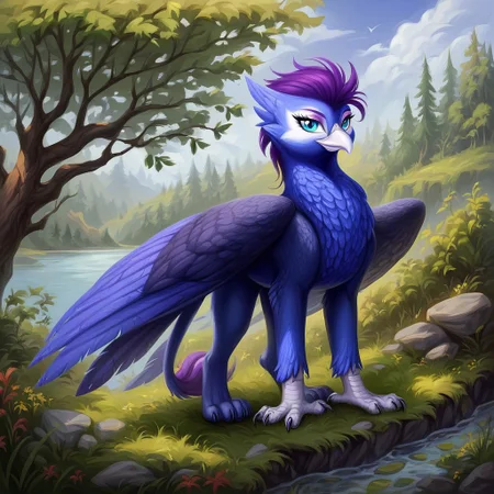 masterpiece, score_9_up, score_8_up, score_7_up, score_6_up, (best quality:1.1), ultra-detailed, high resolution, solo, Anna de Indigo, from equestria at war, griffon, avian, female, indigo purple mane, (beautiful detailed turquoise eyes), long eyelashes, eyeshadow, white beak, blue indigo feathers, detailed facial features, full body, standing, expressiveh, highly visible, sharp focus, anatomically correct, detailed background, outside, outdoors, spruce forest in the background, river with a rocky outcrop