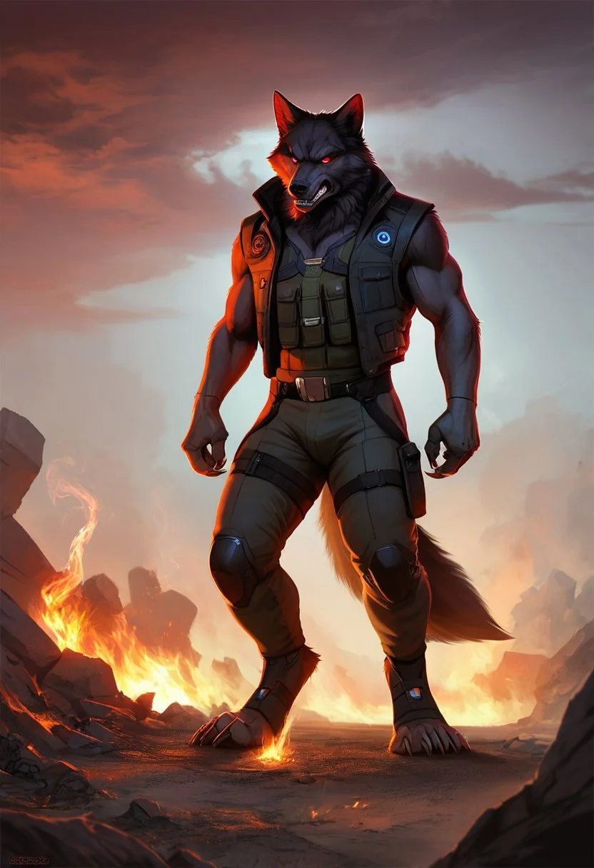 male, solo (anthro, (furry), wolf, black fur) stylized artwork, techwear, futuristic technology, dynamic, helmet, vest, cyberpunk, full body, dynamic lighting, cybernetic enhancements, masterpiece, absurd quality, Sinozick, dark aesthetic, Warzone, destroyed city, fire, smoke, red sky, metal claws, huge claws, sharp teeth, angry,
(ray tracing, photo realistic, good shadows, score_9, score_8_up, score_7_up),
