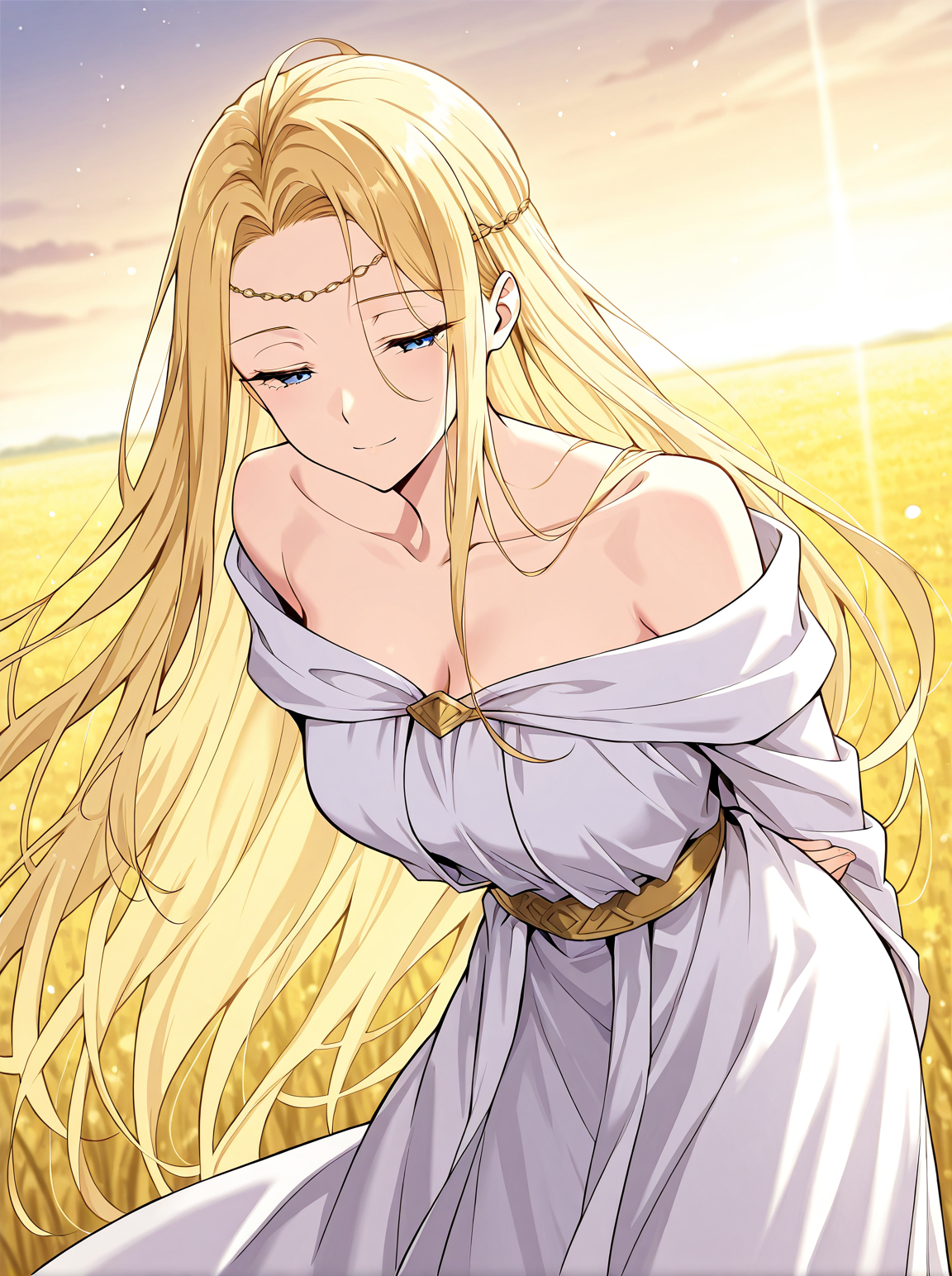 <lora:Ariana-000007:1>
1 girl, solo, very long hair, blonde hair, blue eyes
white robe, collarbone, circlet, bare shoulders, bracelete
score_9, score_8_up, score_7_up, very aesthetic, source_anime, detailed, high quality, beautiful, masterpiece, detailed eyes, field, blurry background, pose dynamic angle, upper body, cowboy shot, light smile, floating hair, half-closed eyes, hands behind back, leaning forward, looking forward, looking at viewer