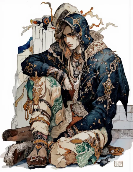 Art by Akiya Kageichi. A digital illustration shoot from the front about a seated figure adorned with intricate patterns and decorative elements, seated in a contemplative pose. the image also shows abstract elements and a white background. on the middle of the image, a male figure appears to be sitting, with a serious expression, wearing a dark, ornate robe with patterns and designs. the robe is intricately designed with a mix of blues, greens, and browns, and has a hood that covers the entire body. the figure's hair is styled in a long, flowing manner, and they are adorned with jewelry, including a necklace, earrings, and bracelets. the man's eyes are not visible, but they are looking directly at the viewer. the overall style of the illustration is reminiscent of fantasy art, with vibrant colors and intricate patterns.