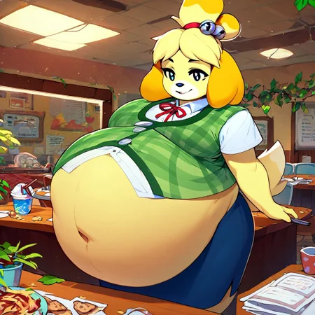 score_9, score_8_up, score_7_up,
1gir, solo, isabelle \(animal crossing\), plaid vest, blue skirt, white undershirt, short sleeves, leaf pattern, button up, hair bell, jingle bell, hair ornament, hair tie, neck ribbon, looking Dizzy, Eyeliner, Messy Table, Restaurant, Gigantic Belly