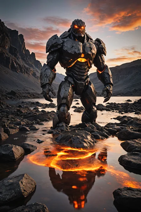 a photo of an earth golem made of rocks rises from a lake of molten lava, photorealistic, hd, 3D, dramatic lighting, RAW photo, high quality, film grain, Fujifilm XT3 <lora:add-detail-xl:2> > <lora:neg4all_bdsqlsz_xl_V7:1>