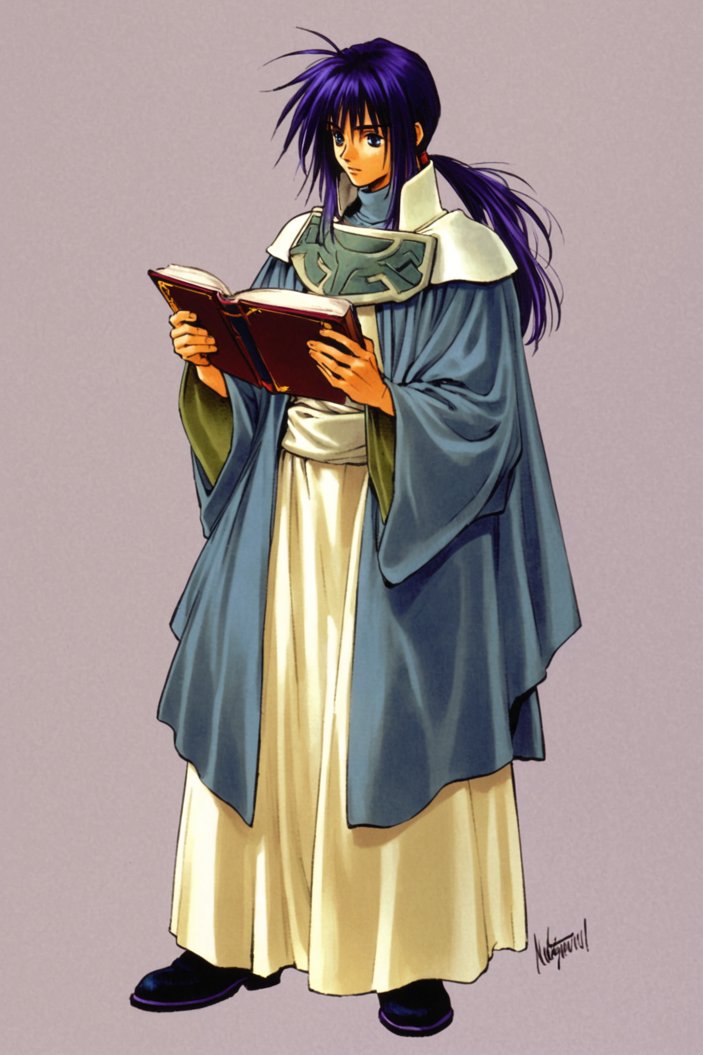 Keel Zeibel(Tales of Eternia), 1boy, male focus, solo, book, ponytail, blue hair, white background, reading, simple background, blue eyes, purple hair, holding book, signature, holding, full body, long hair, standing
<lora:Inomata Mutsumi_XL:0.8>,