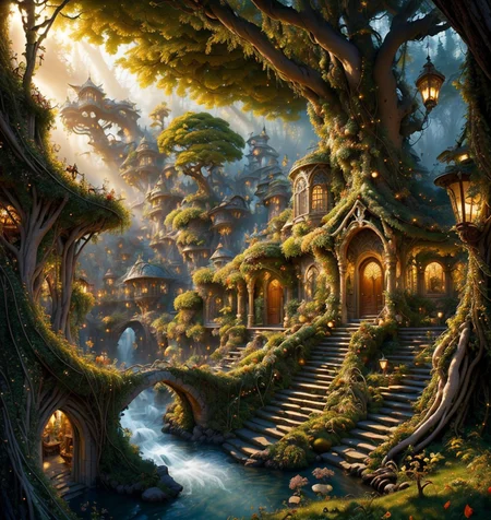 RAW photo, (masterpiece:1.3), subsurface scattering, heavy shadow, (high quality:1.4), (intricate, high detail:1.2), professional photography, HDR, High Dynamic Range, realistic, ultra realistic, photorealistic, high resolution, film photography, ambient lighting, atmospheric effects, <lora:detail_slider_v4:2>, OverallDetail, a highly detailed WoodElf fantasy settlement, bridges, forest, castle, treehouses, <lora:WoodElf-10:1>, style-sylvamagic, epiCPhoto