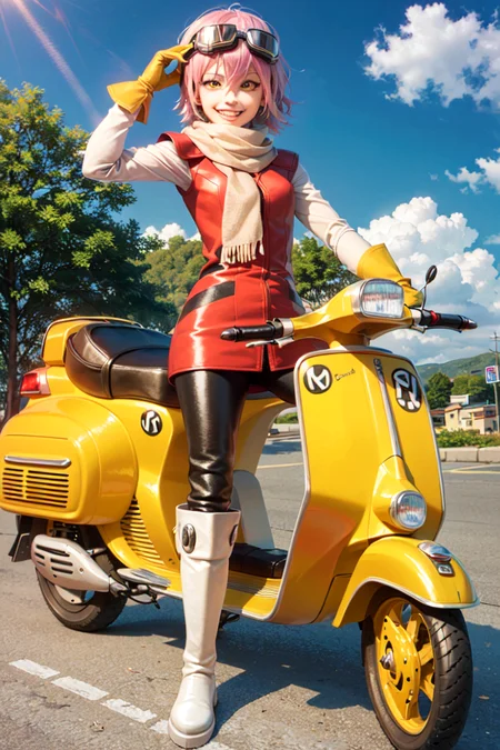 (masterpiece, best quality:1.2), haruko, flcl, 1girl, solo, grin, (blue bass guitar on back:1.1) pink hair, short hair, yellow eyes, red dress, white long sleeves, (yellow gloves:1.1), black pants, white boots, white scarf, (goggles on head:1.1), (ground vehicle, motor vehicle, yellow vespa:1.1) <lora:HARUKO-13:0.7>