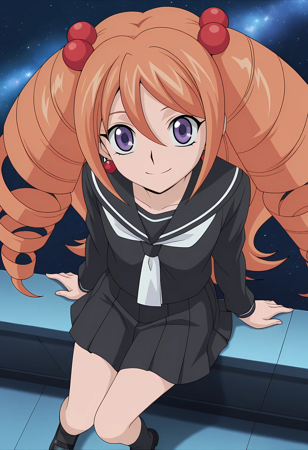 masterpiece,best quality,amazing quality,
1girl, solo, face focus,
Rekka Tatsunagi (Cardfight Vanguard), long hair, orange hair, drill hair, twin drills, purple eyes, earrings, jewelry, hair ornament, hair bobbles, school uniform, serafuku, black sailor collar, long sleeves, pleated skirt, black footwear, mary janes,
looking at viewer, smile,
cinematic,
Sit, leaning back, with two arms, ,
bloom, night, at mountain, galaxy sky,
Official style, anime screencap, anime coloring,