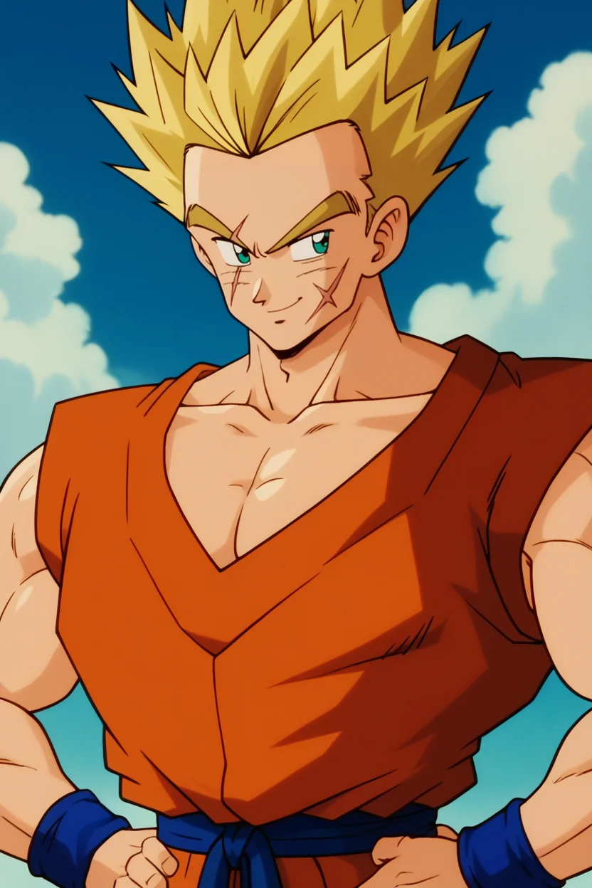 score_9, score_8_up, score_7_up,score_6_up, BREAK yamcha, 1boy, male focus, solo,retro artstyle,super saiyan,blonde hair,hair slicked back, hands on own hips,martial arts clothes, orange vest,small black badge,aqua eyes, smile, hands on hips, sky, blue wristband, blue sky, day, outdoors, muscular male, scar on cheek, upper body, cloud, closed mouth, pectorals, short hair, mountain, collarbone, looking to the side, scar across eye, blue sash,sleeveless,pectoral cleavage, spiked hair, blonde eyebrows <lora:YamchaPony-000017:1>