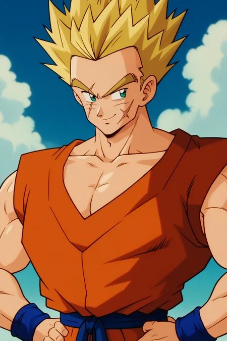 score_9, score_8_up, score_7_up,score_6_up, BREAK yamcha, 1boy, male focus, solo,retro artstyle,super saiyan,blonde hair,hair slicked back, hands on own hips,martial arts clothes, orange vest,small black badge,aqua eyes, smile, hands on hips, sky, blue wristband, blue sky, day, outdoors, muscular male, scar on cheek, upper body, cloud, closed mouth, pectorals, short hair, mountain, collarbone, looking to the side, scar across eye, blue sash,sleeveless,pectoral cleavage, spiked hair, blonde eyebrows <lora:YamchaPony-000017:1>