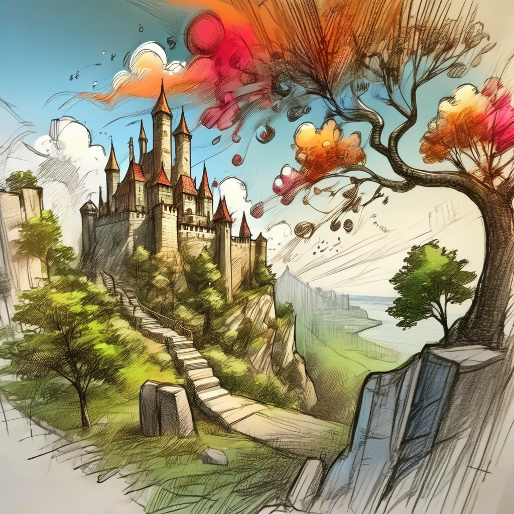 vextria sketch, landscape, dragon, castle on the rock, trees and forest in the distance, colorful, very detailed <lora:vextria:1>