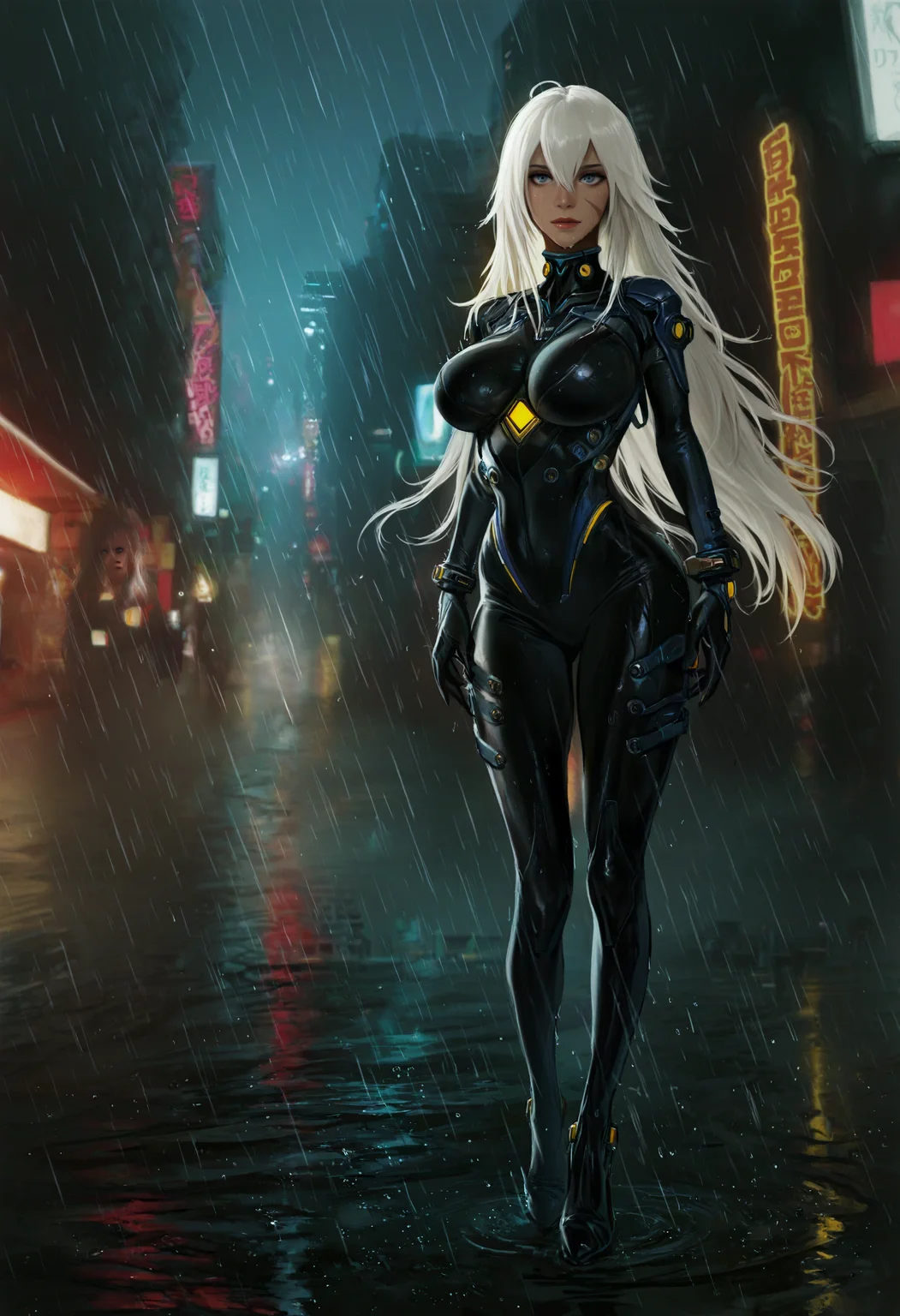 safe, masterpiece, best quality, photorealism, realistic, cyberpunk, science fiction, night, cityscape, rain, neon lights, puddles
BREAK 1girl, indiana, face scar, medium breasts, plugsuit, cybernetics, wet, walking
<lora:JM_NAIXL_v10:0.8> <lora:Indiana_NAIXL_v10:0.8>