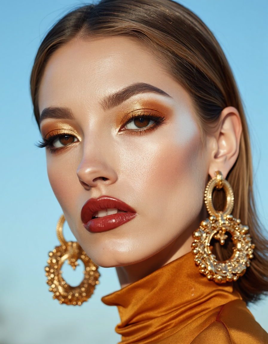 A hyper-detailed, avant-garde photograph featuring a striking woman with pale light skin against a clear, light blue sky. Her full-face close-up highlights the smooth texture of her flawless complexion. Shimmering metallic eyeshadow enhances the depth of her piercing gaze, while her glossy, deep red lips create a bold contrast to her skin. Large, intricately detailed golden hoop earrings reflect light, contributing to her modern allure. She wears metallic urban Buddhist monk clothing, with a turtle neck that enhances her avant-garde look. The reflective surfaces of her earrings and outfit create a dynamic interplay with the environment, emphasizing her sleek presence. The minimalist background allows the viewer to focus on her eye-catching fashion and makeup. Captured with a Sony A7R IV camera and a 50mm f/1.2 G Master lens for a beauty editorial shoot, this composition highlights her fashion-forward aesthetic. Inspired by avant-garde fashion photography from Sølve Sundsbø, this image blends contemporary fashion and minimalist elegance, embodying mythp0rt and niji_flux styles for a sleek, high-fashion vision. ((glow_skin, iridescent skin, oily skin, portrait)).