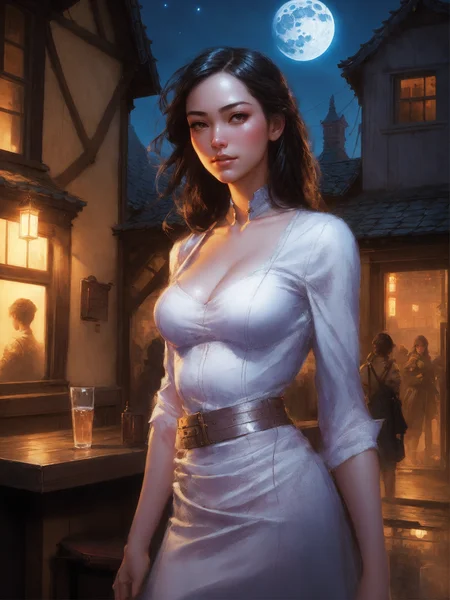 (first person perspective:1.3), you are being bullied by a (beautiful) giantess, detailed face, outside a village tavern, intimidating, towering above, smirking, night, soft moonlight, digital photography, art by artgerm and ruan jia and greg rutkowski, surreal painting, masterpiece, hdr, <lora:add_detail:0.4>