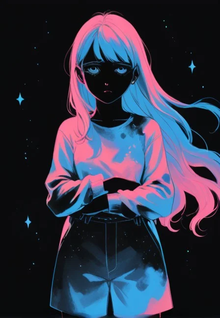 1girl, black background, limited palette, sad, neon, galaxy, start