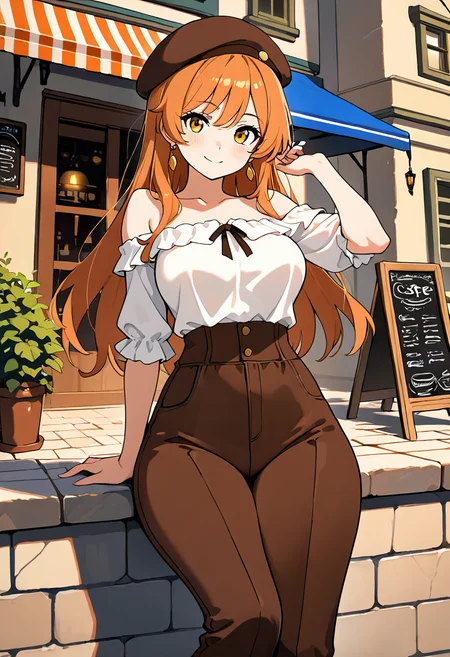 masterpiece, best quality, 1girl, solo, medium breasts, (curvy), narrow waist, wide hips,  smile, looking at viewer, dynamic pose, foreshortening, detailed face,  [French Chic Café], Beret, off-shoulder blouse, high-waisted trousers, gold earrings, Sitting at an outdoor European café, enjoying espresso beneath striped awnings on a cobblestone street.