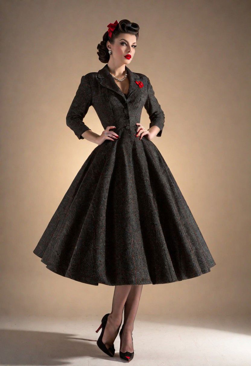 Full body studio portrait of a beautiful Brunette pinup model, vintage, oat, tweed, midi, full skirt, Lilli Ann, Victory Rolls, pin curls, red lipstick, cat eyeliner shot with Canon R5, 70 200mm, cinematic studio lighting, 8k UHD, photographed by Bert Stern