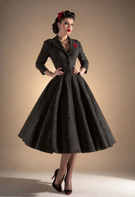 Full body studio portrait of a beautiful Brunette pinup model, vintage, oat, tweed, midi, full skirt, Lilli Ann, Victory Rolls, pin curls, red lipstick, cat eyeliner shot with Canon R5, 70 200mm, cinematic studio lighting, 8k UHD, photographed by Bert Stern
