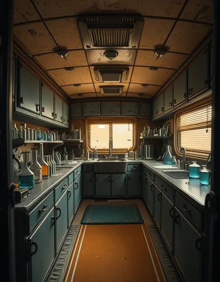 The interior of an old RV converted into a clandestine drug laboratory, inspired by the TV series Breaking Bad. The space is cramped and messy, filled with scientific equipment, glass beakers, flasks, burners, chemical containers, and lab tools scattered around. The walls are aged and stained, with peeling wallpaper and old metallic cabinets. A small sink area is cluttered with dirty lab glassware. The lighting is dim and tinted yellow, with sunlight barely filtering through dusty blinds. The floor is grimy, with a mix of rubber mats and worn carpet. The overall atmosphere is tense and gritty, capturing a sense of secrecy and danger. Hyper-realistic style, cinematic composition, rich in textures and shadows.
<lora:SDXLFaeTastic2400:0.4> <lora:extremely_detailed:0.4> extremely detailed,old RV drug l4b0r4t0ry, <lora:old_RV_drug_l4b0r4t0ry-i:1>, Masterpiece,best quality,hi res,8k,hi res,8k,award winning,(sharp focus, intricate, highly detailed),