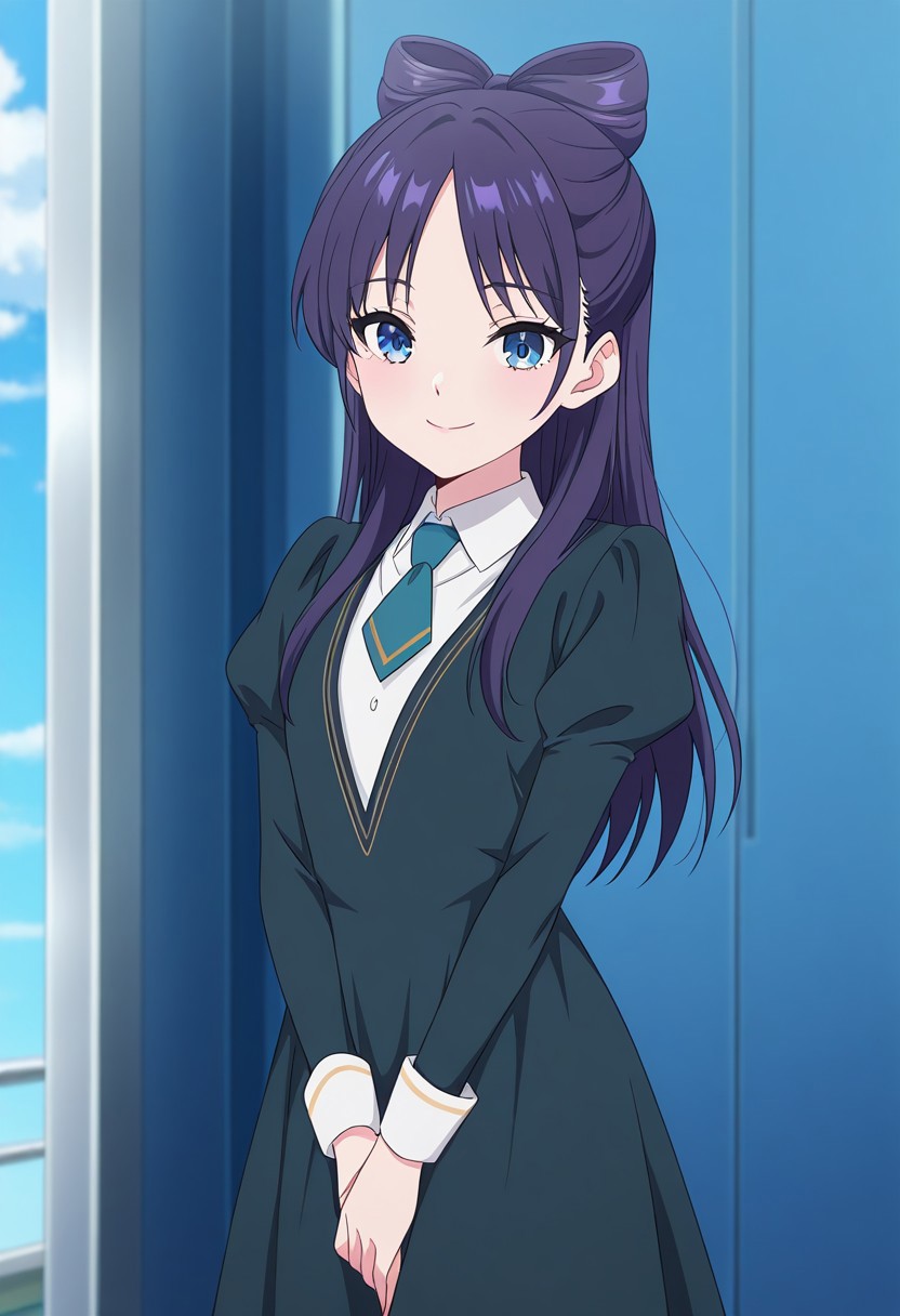 (absurdres, best quality, masterpiece:1.4), amazing quality, highres, newest, detailed, detailed body, detailed face, source anime, anime coloring, beautiful, petite, 
BREAK
WWNemu, 1girl, solo, standing, smile, NemuAniHu, dark purple hair, bow-shaped hair, parted bangs, half updo, blue eyes,  v-neck dress, white inner collared shirt, Short necktie, juliet sleeves, long skirt