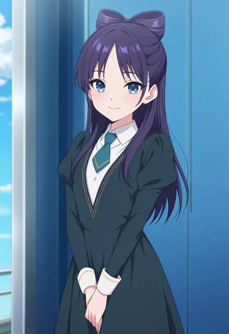 (absurdres, best quality, masterpiece:1.4), amazing quality, highres, newest, detailed, detailed body, detailed face, source anime, anime coloring, beautiful, petite,
BREAK
WWNemu, 1girl, solo, standing, smile, NemuAniHu, dark purple hair, bow-shaped hair, parted bangs, half updo, blue eyes, v-neck dress, white inner collared shirt, Short necktie, juliet sleeves, long skirt